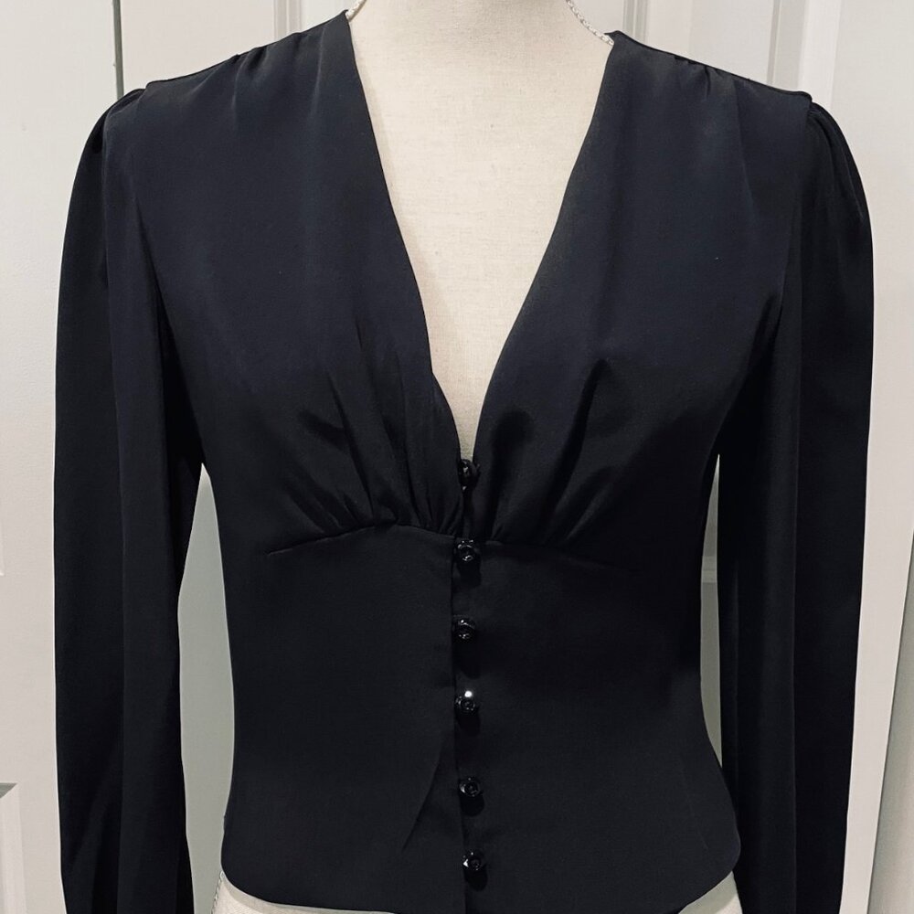 Tuleh Black Silk Deep V Neck Button Waist Blouse